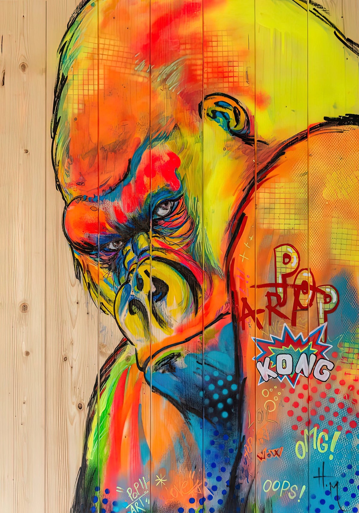 Pop Kong — vue complète de l'œuvre sur bois
